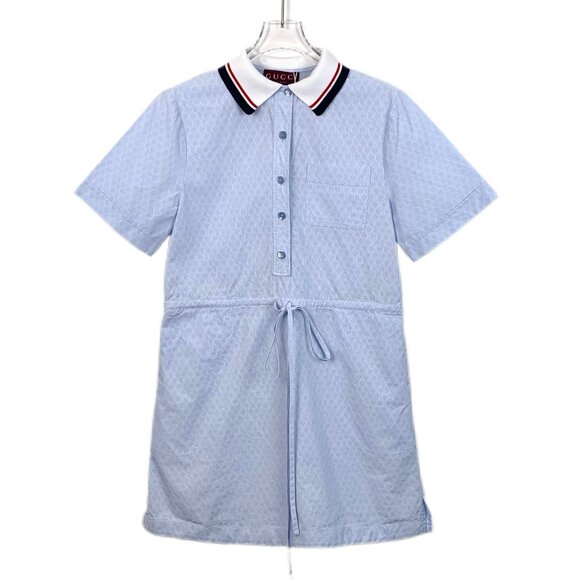 H13533 Gucci Light Blue Logo Jacquard Printed Cotton Drawstring Short Sleeve Dre